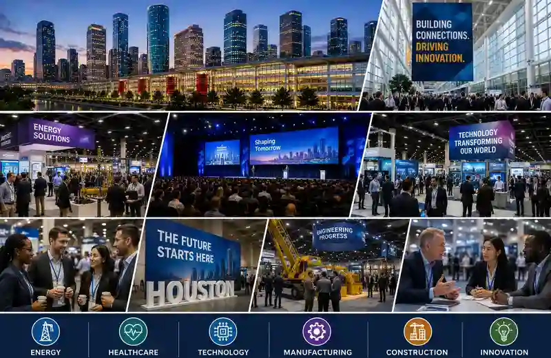 Major annual Houston conventions and trade shows featuring large business expos, corporate networking events, industry conferences, technology exhibitions, and professional gatherings in Houston convention centers.